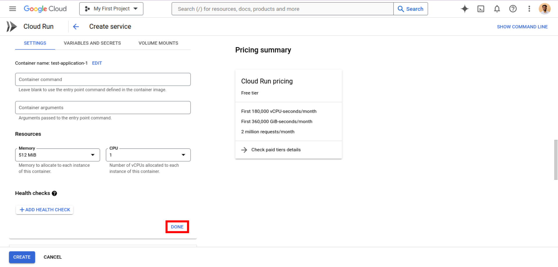 gcp cloud run container settings section